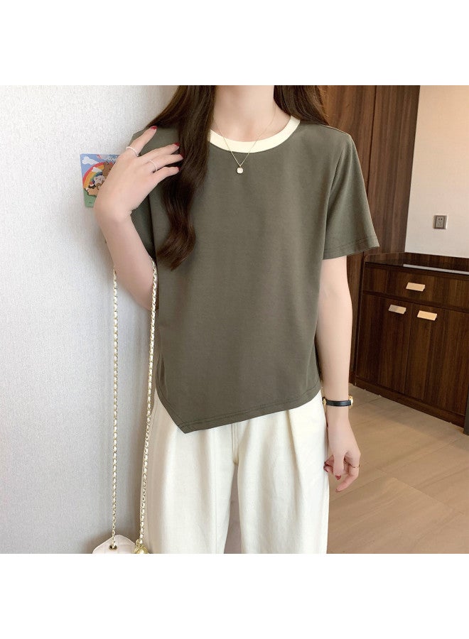 TonLion Women's Short Sleeve T-shirt Summer Korean Style Loose Round Neck Contrast Trim Cropped Top Chic Fashion - Image 4