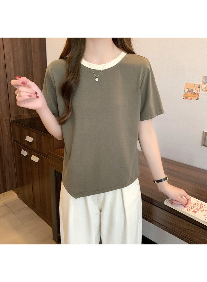 TonLion Women's Short Sleeve T-shirt Summer Korean Style Loose Round Neck Contrast Trim Cropped Top Chic Fashion - Image 3