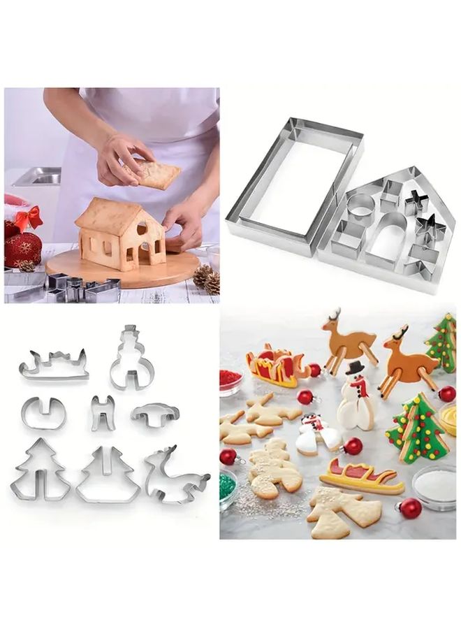 14 Pcs Christmas Cookie Molds Stainless Steel 3D House Tree Snowman Slicer Set - Image 1