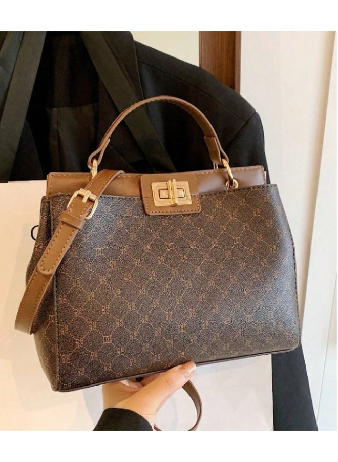 ANUM BY MUNA Elegant Monogram Patterned Handbag - Classic Top-Handle Structured Bag with Gold-Tone Turn-Lock (Dark Brown) - Image 3