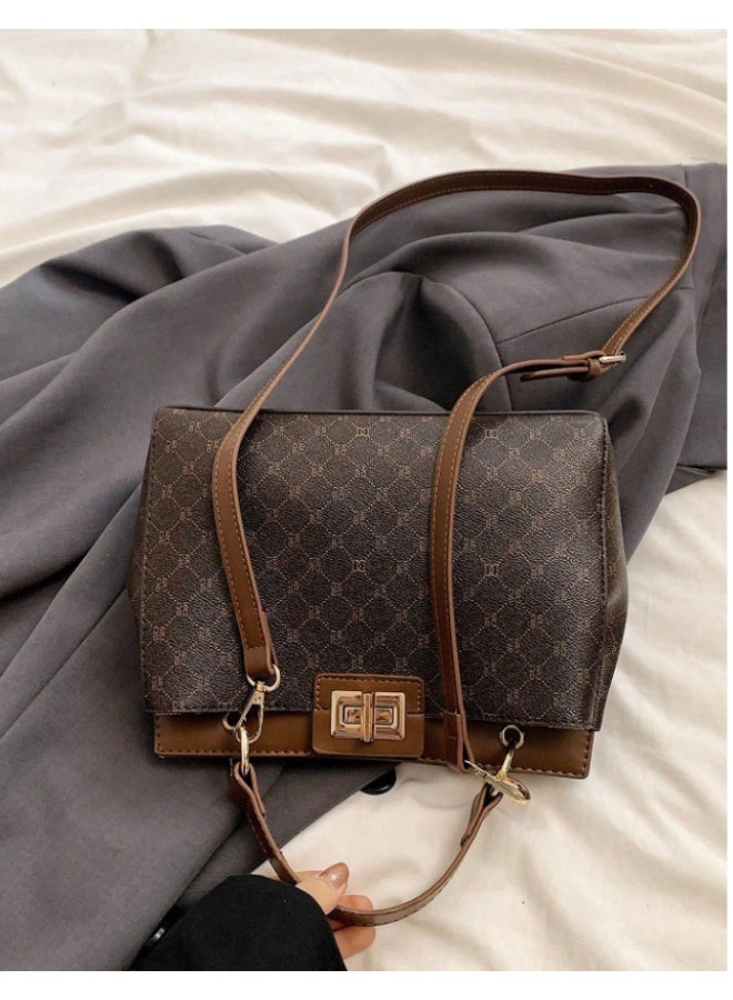 ANUM BY MUNA Elegant Monogram Patterned Handbag - Classic Top-Handle Structured Bag with Gold-Tone Turn-Lock (Dark Brown) - Image 5