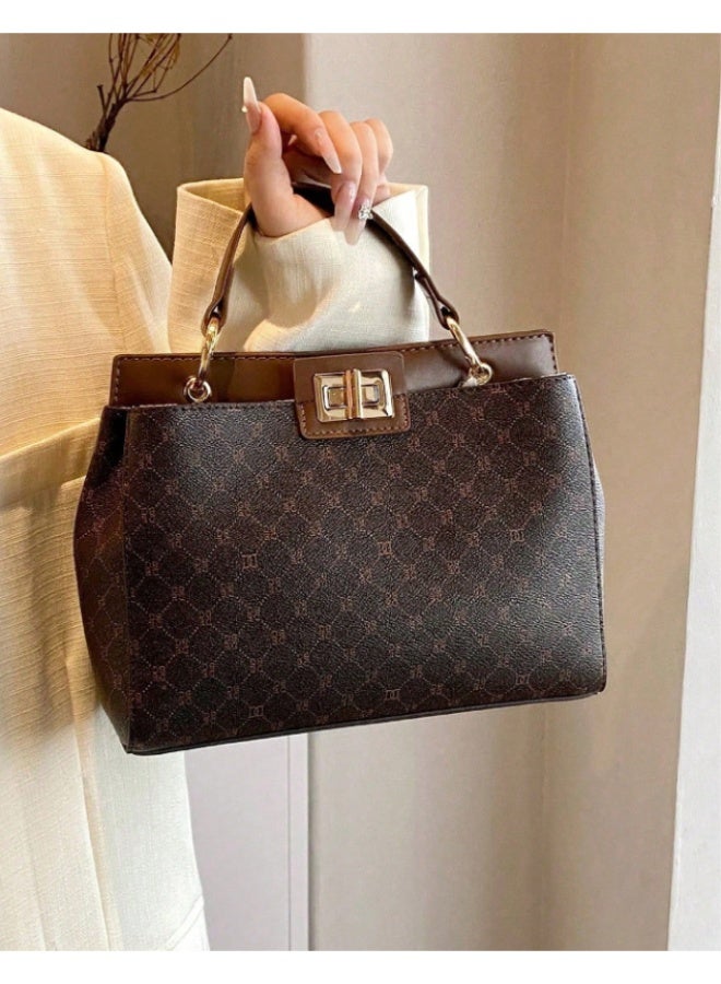 ANUM BY MUNA Elegant Monogram Patterned Handbag - Classic Top-Handle Structured Bag with Gold-Tone Turn-Lock (Dark Brown) - Image 1