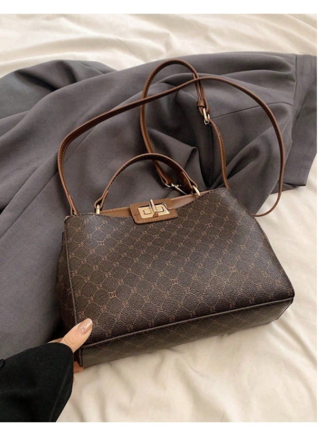 ANUM BY MUNA Elegant Monogram Patterned Handbag - Classic Top-Handle Structured Bag with Gold-Tone Turn-Lock (Dark Brown) - Image 4