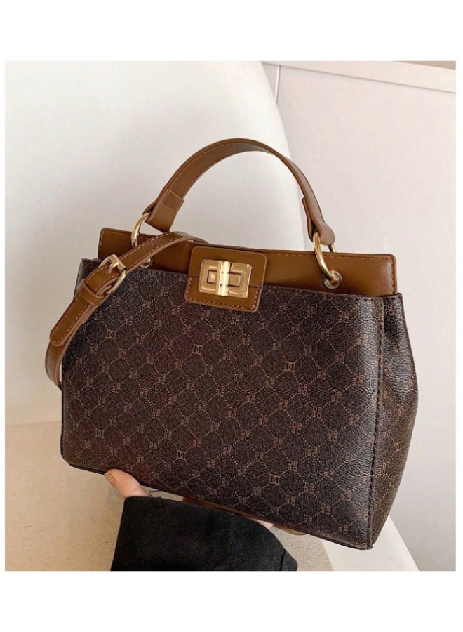 ANUM BY MUNA Elegant Monogram Patterned Handbag - Classic Top-Handle Structured Bag with Gold-Tone Turn-Lock (Dark Brown) - Image 2