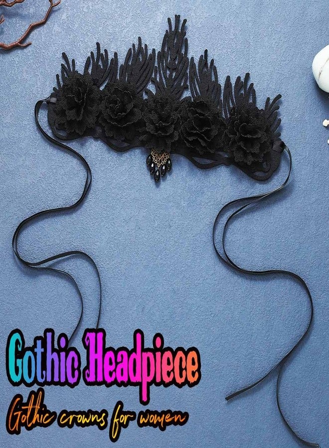 GORTIN Halloween Gothic Headpiece Black Floral Crown Headband Cosplay Costume Headwear Masquerade Hair Accessories for Women - Image 2