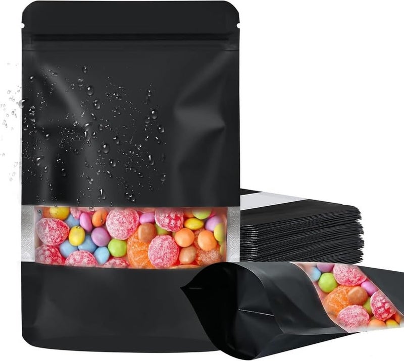DNY SelfSealing Storage Standup Plastic Pouches with Transparent Rectangle Window 100 Pcs 200g Capacity Airtight Waterproof MultiPurpose Food Grade Reusable Storage Bag Black - Image 1