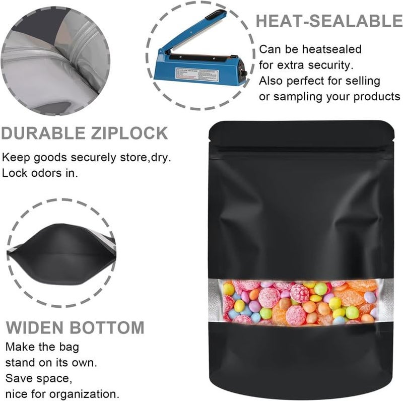 DNY SelfSealing Storage Standup Plastic Pouches with Transparent Rectangle Window 100 Pcs 200g Capacity Airtight Waterproof MultiPurpose Food Grade Reusable Storage Bag Black - Image 4