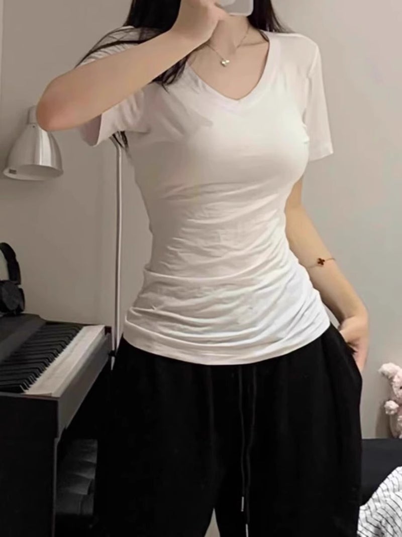 Super Slim Summer Dipping Sense Shoulder Tight Waist V-Neck Short Sleeve Top Base Good Wear Beware Spice Girls T-Shirt Women - Image 5