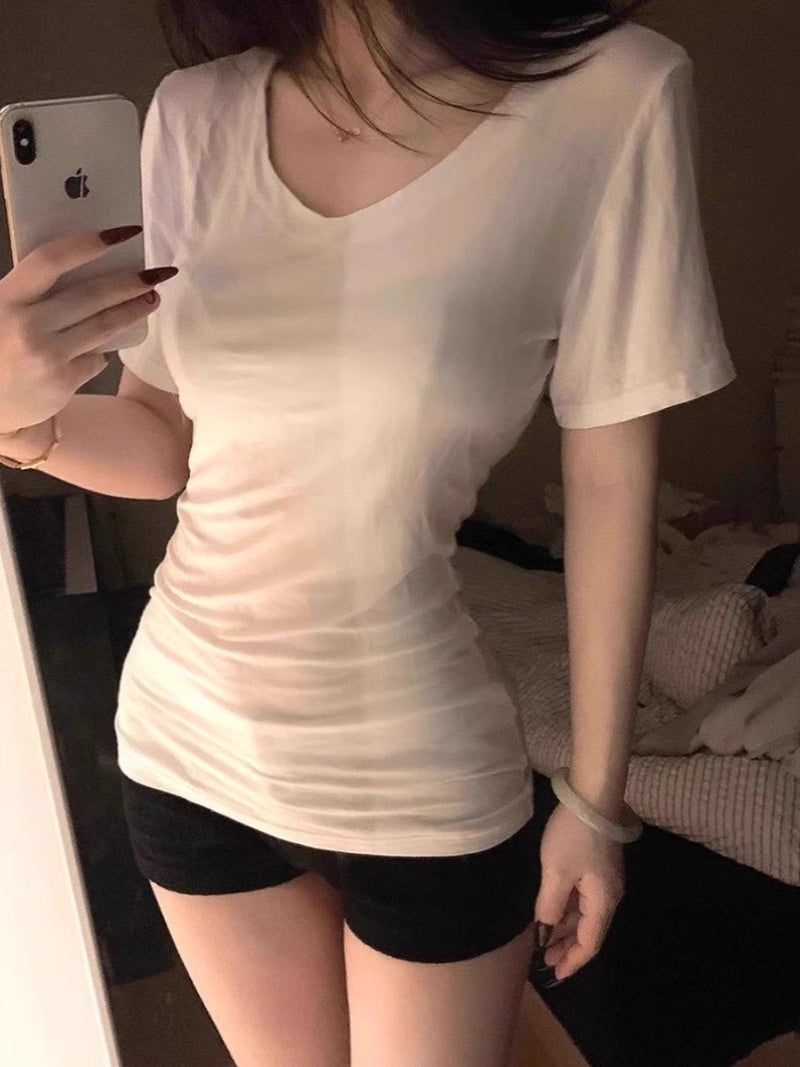 Super Slim Summer Dipping Sense Shoulder Tight Waist V-Neck Short Sleeve Top Base Good Wear Beware Spice Girls T-Shirt Women - Image 1