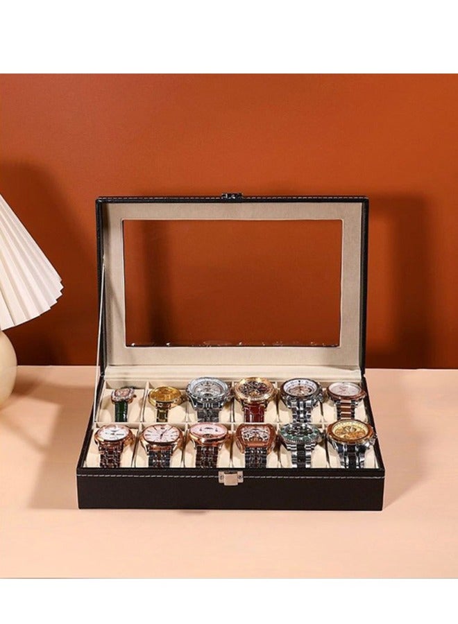 12 Position High-end Watch Box, Multi-position Leather Transparent Window Watch Display Box, Vintage Business High-end Watch Storage Box, Leather Watch Box Watch Storage Box, Wristwatch Display Box, Jewelry Bracelet One Piece Box - Image 2