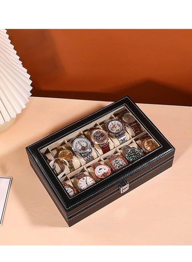 12 Position High-end Watch Box, Multi-position Leather Transparent Window Watch Display Box, Vintage Business High-end Watch Storage Box, Leather Watch Box Watch Storage Box, Wristwatch Display Box, Jewelry Bracelet One Piece Box - Image 3