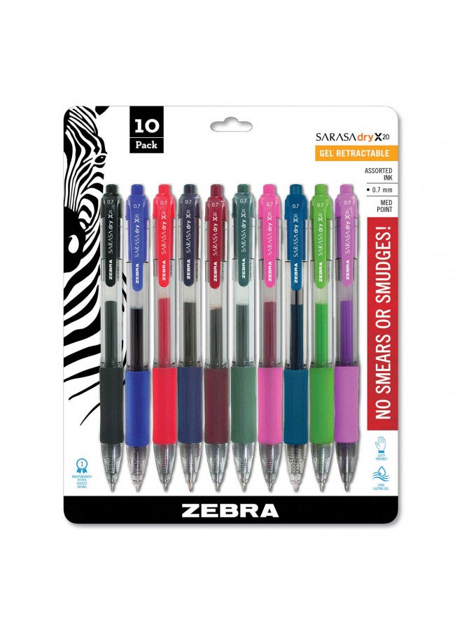 Zebra Pen Sarasa Retractable Gel Pen, Medium Point, 0.7mm, Assorted Fashion Color Ink, 10-Pack