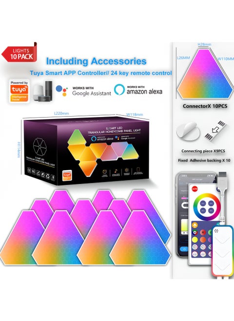 Smart Triangle RGB LED Panels | Wi-Fi Home Decor Lights with Music Sync | Alexa & Google Assistant Compatible | Gaming Room & Party Lighting System (10-Piece Set)