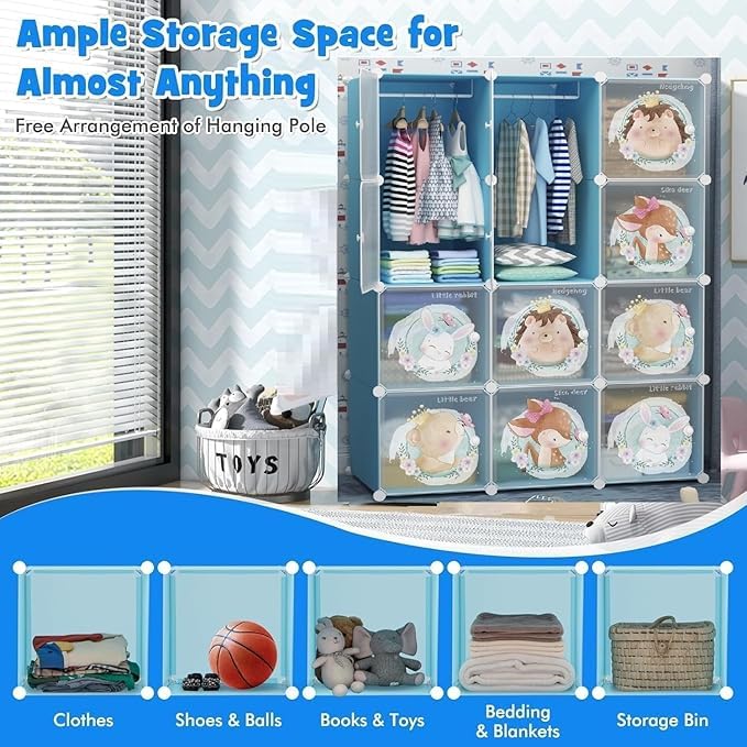 BRIGATTES Plastic 12 Door Baby Foldable Wardrobe for Clothes Storage, Kids Almirah, Cupboard - Collapsible Storage for Toys/Books - Blue Cartoon - Image 3
