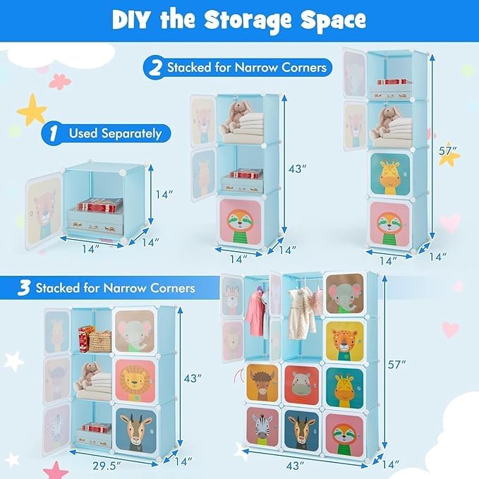 BRIGATTES Plastic 12 Door Baby Foldable Wardrobe for Clothes Storage, Kids Almirah, Cupboard - Collapsible Storage for Toys/Books - Blue Cartoon - Image 2