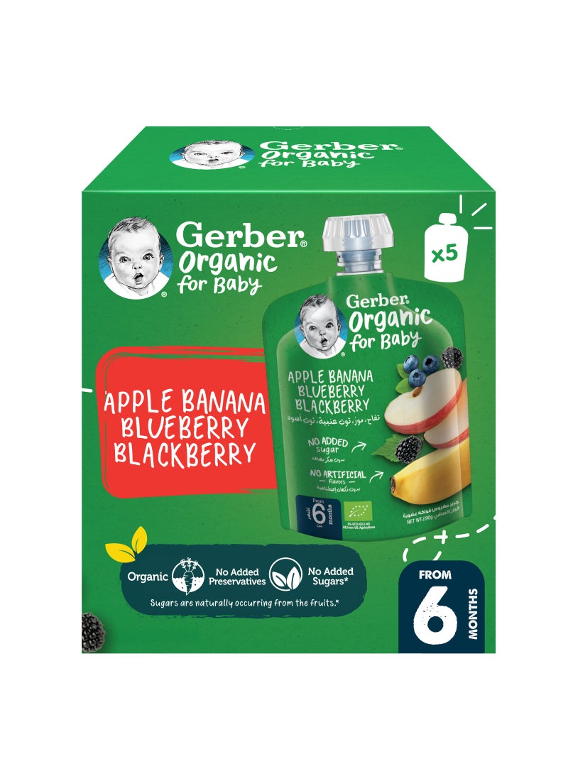 Gerber Organic Puree Pouch in Apple, Banana, Blueberry & Blackberry 90gm Pack Of 5 - Image 1