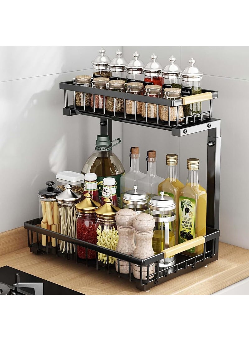 SUPVOX Supvox® Kitchen Organizer Under Sink Organizer Pull Out Double Layer Storage Rack Adjustable Height DIY Assembly Under Countertop Organizer Cabinet Organizer Carbon Steel Metal Cabinet Organizer  - Image 1