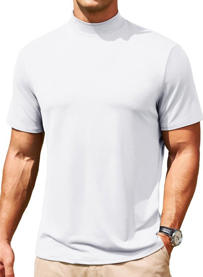 Lexiart Men's Mock Turtleneck Short Sleeve Soft Lightweight Casual Basic T-Shirts Solid Pullover Tops, White, L - Image 1