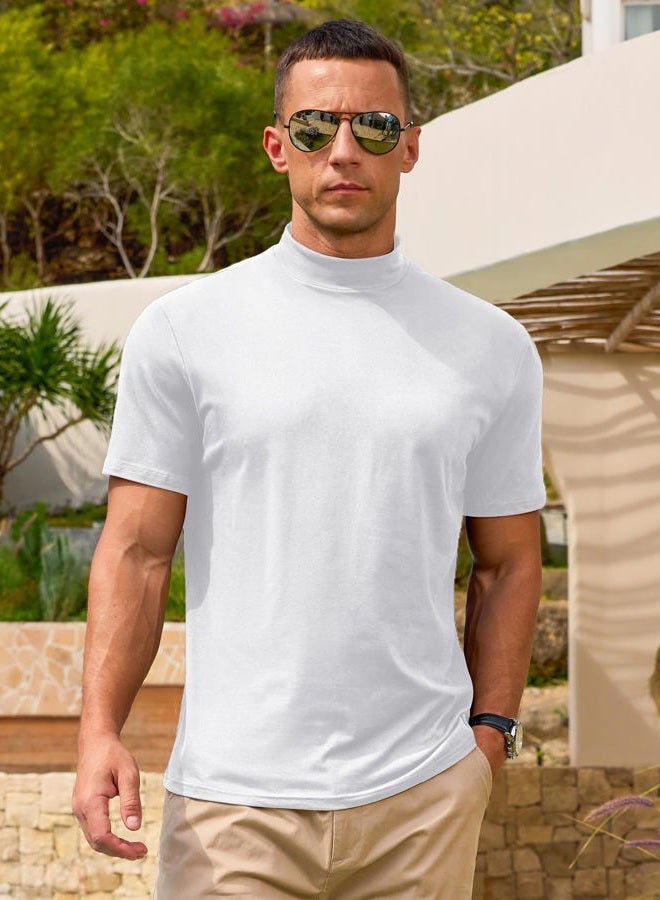 Lexiart Men's Mock Turtleneck Short Sleeve Soft Lightweight Casual Basic T-Shirts Solid Pullover Tops, White, L - Image 2