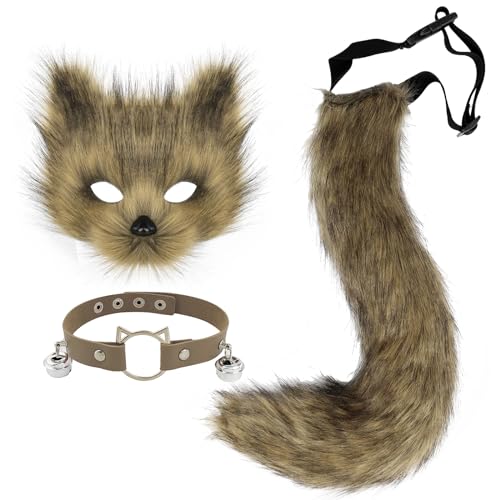 hbbhml Faux Fur Fox Mask Wolf Cat Fluffy Tail and Leather Necklace Set Halloween Party Costume Accessory - Image 1