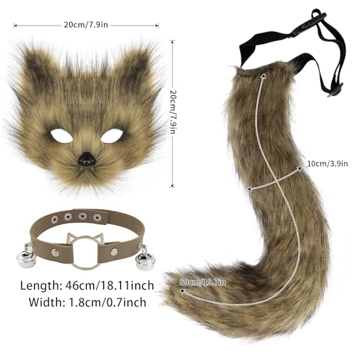 hbbhml Faux Fur Fox Mask Wolf Cat Fluffy Tail and Leather Necklace Set Halloween Party Costume Accessory - Image 3