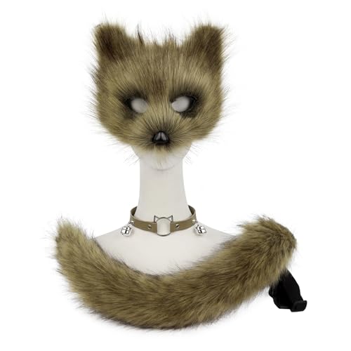 hbbhml Faux Fur Fox Mask Wolf Cat Fluffy Tail and Leather Necklace Set Halloween Party Costume Accessory - Image 2