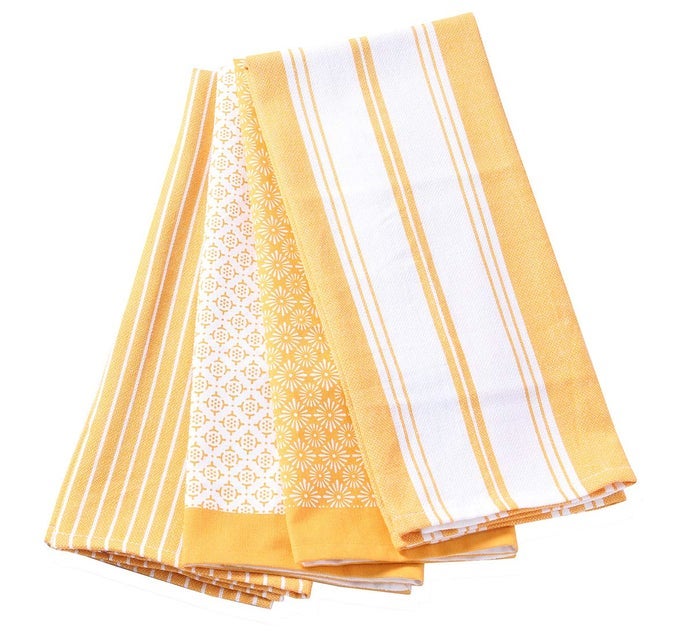 COTTON DISH TOWELS ABSORBENT MULTI PURPOSE KITCHEN TOWEL SET OF 4 GEOMETRIC PRINT YELLOW 20X28