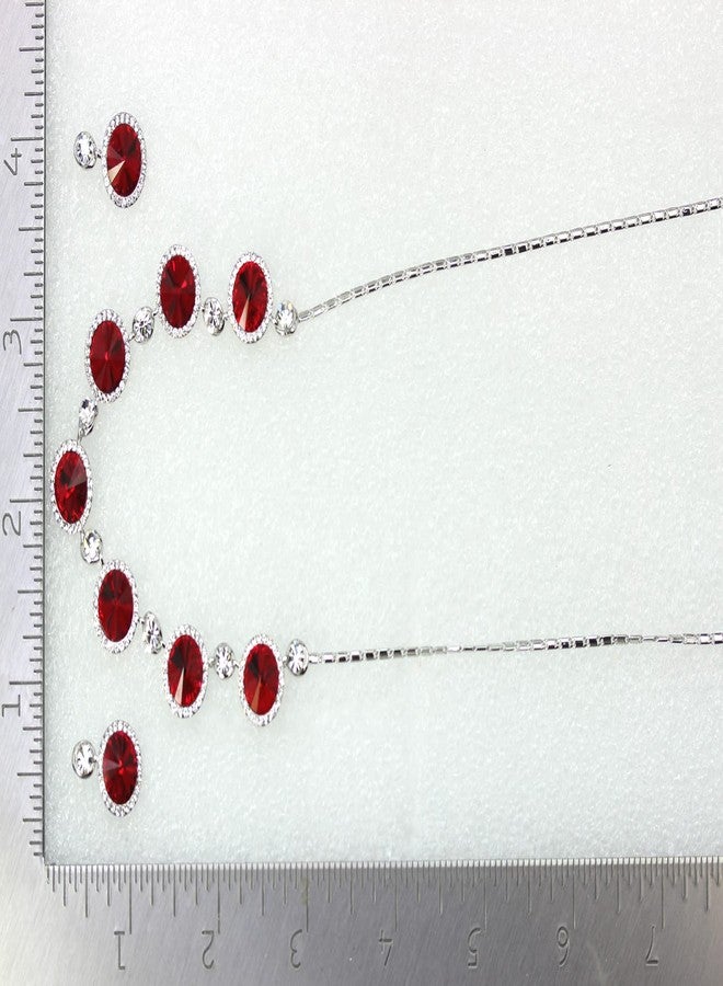 Faship Gorgeous Red Premium Rhinestone Crystal Floral Necklace Earrings Set - Red - Image 5