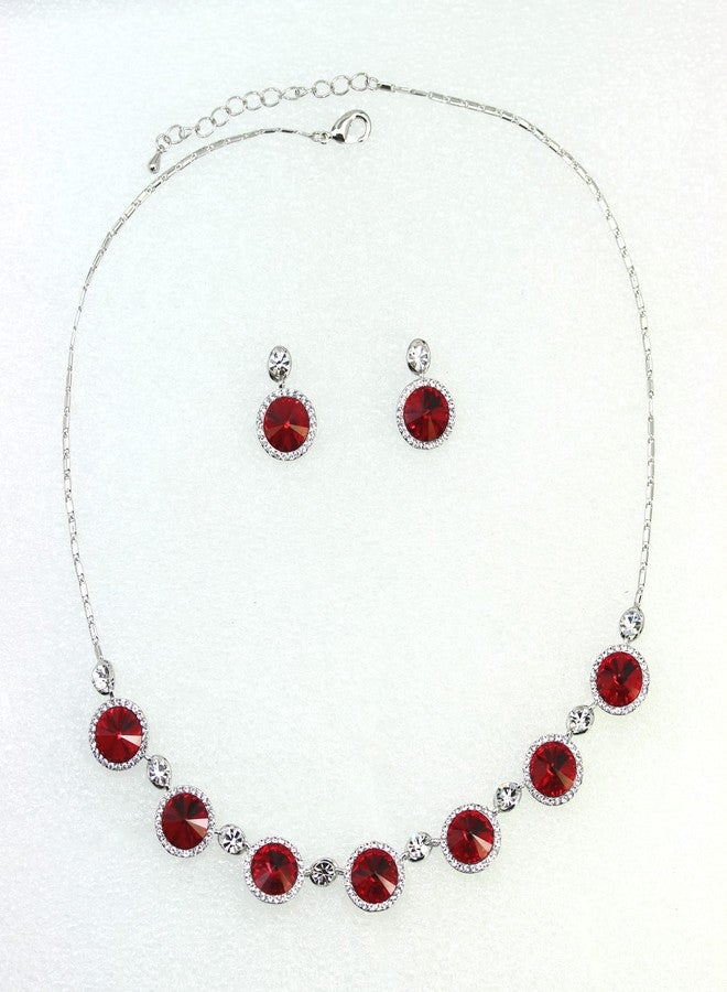 Faship Gorgeous Red Premium Rhinestone Crystal Floral Necklace Earrings Set - Red - Image 2