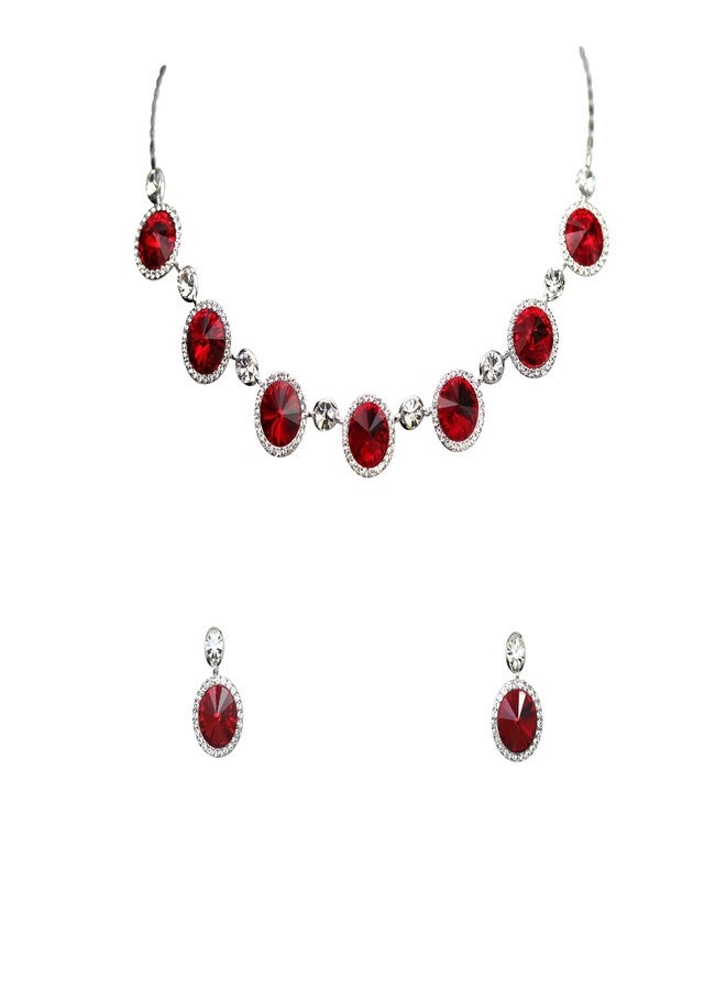 Faship Gorgeous Red Premium Rhinestone Crystal Floral Necklace Earrings Set - Red - Image 1