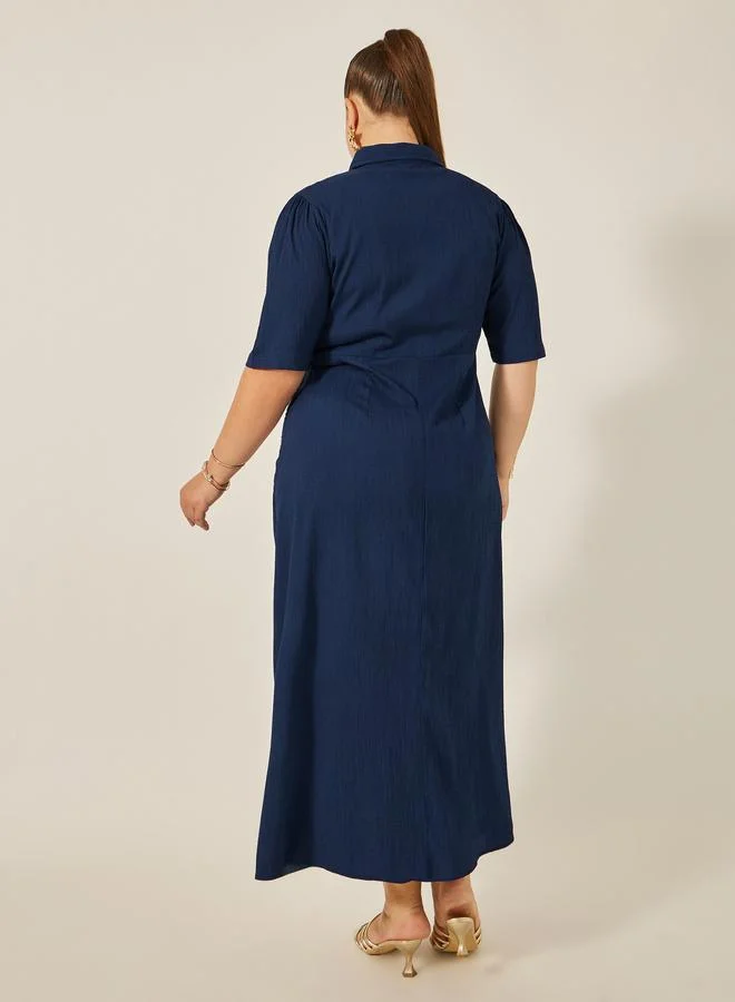 Styli Styli Plus Size Textured Collared Shirt Dress with Chain Detail
