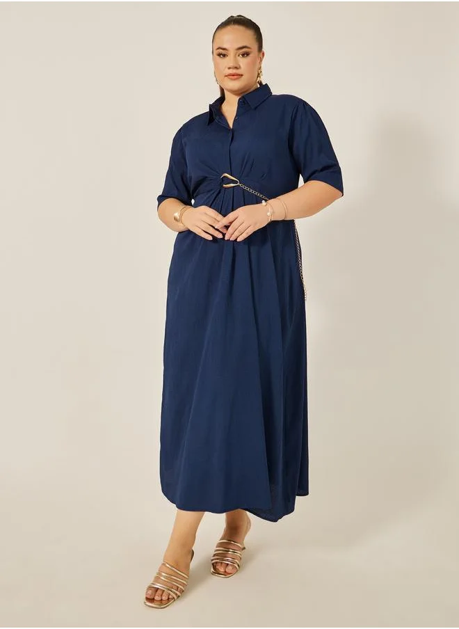 ستايلي Styli Plus Size Textured Collared Shirt Dress with Chain Detail