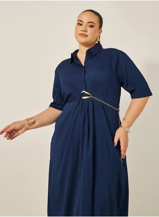 ستايلي Styli Plus Size Textured Collared Shirt Dress with Chain Detail