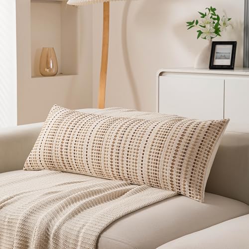 KOOLIFE Boho Long Lumbar Body Decorative Throw Pillow Covers 14x36 Inch Pack of 1 Beige Woven Striped Pillow Cover Cotton Accent Pillowcase Farmhouse Cushion Covers for Home Decor Bed Couch Sofa Bench - Image 1