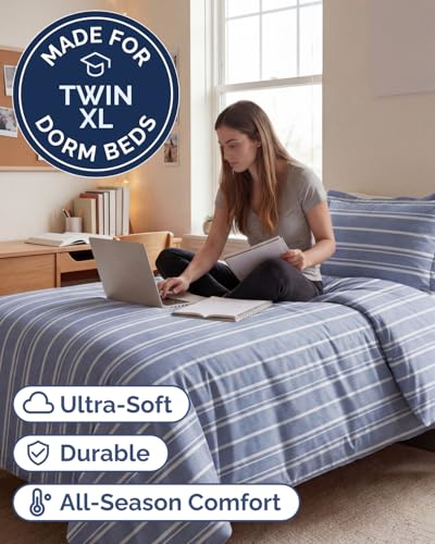 CGK Unlimited Duvet Cover TwinTwin XL Size Extra Soft Dorm College Duvet Cover Lightweight Comfy Breathable Fade Free w Zipper Closures Ties 68 x 90 Inches Blue Stripes 3 Comforter Not Included - Image 3