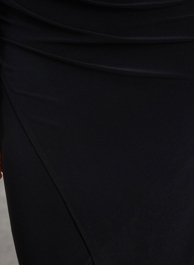 trendyol Black Plain Crew Neck Fitted Draped Wrap Flexible Maxi Knitted Dress - Image 4