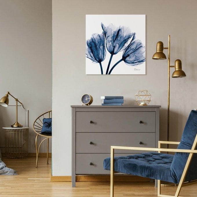 TMPAK011A2424 BLUE TULIP XRAY FLOWER WALL ART ON FRAMELESS FREE FLOATING TEMPERED GLASS PANEL READY TO HANG LIVING ROOM BEDROOM OFFICE 24 X 24 X 02