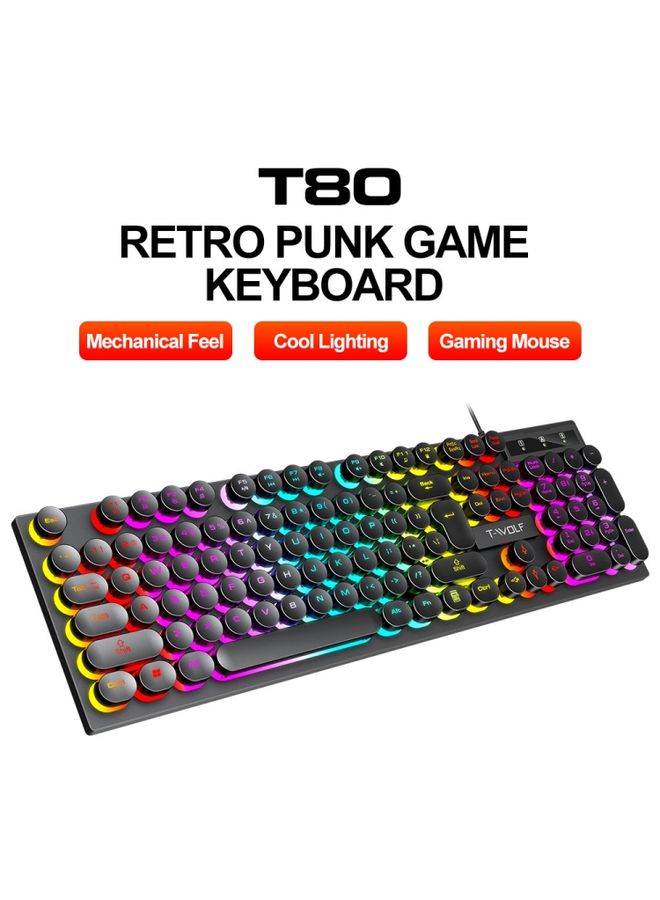 T-WOLF T80 104-Keys RGB Illuminated Office Game Wired Punk Retro Keyboard, Color: Pink