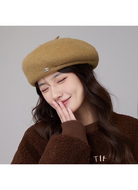 Woolen Beret Autumn/Winter Warm Unique Artistic Artist Cap Korean Version Elegant Versatile Face-Exposing Small Octagonal Cap E-529 khaki Wool Beret