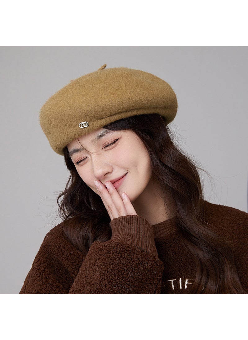 Woolen Beret Autumn/Winter Warm Unique Artistic Artist Cap Korean Version Elegant Versatile Face-Exposing Small Octagonal Cap E-529 khaki Wool Beret