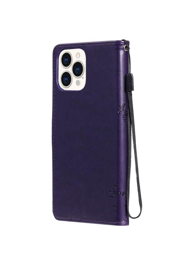 Zaboon Case For iPhone 13 Pro Max Tree & Cat Pattern Pressed Printing Horizontal Flip PU Leather Case with Holder & Card Slots & Wallet & Lanyard - Image 4