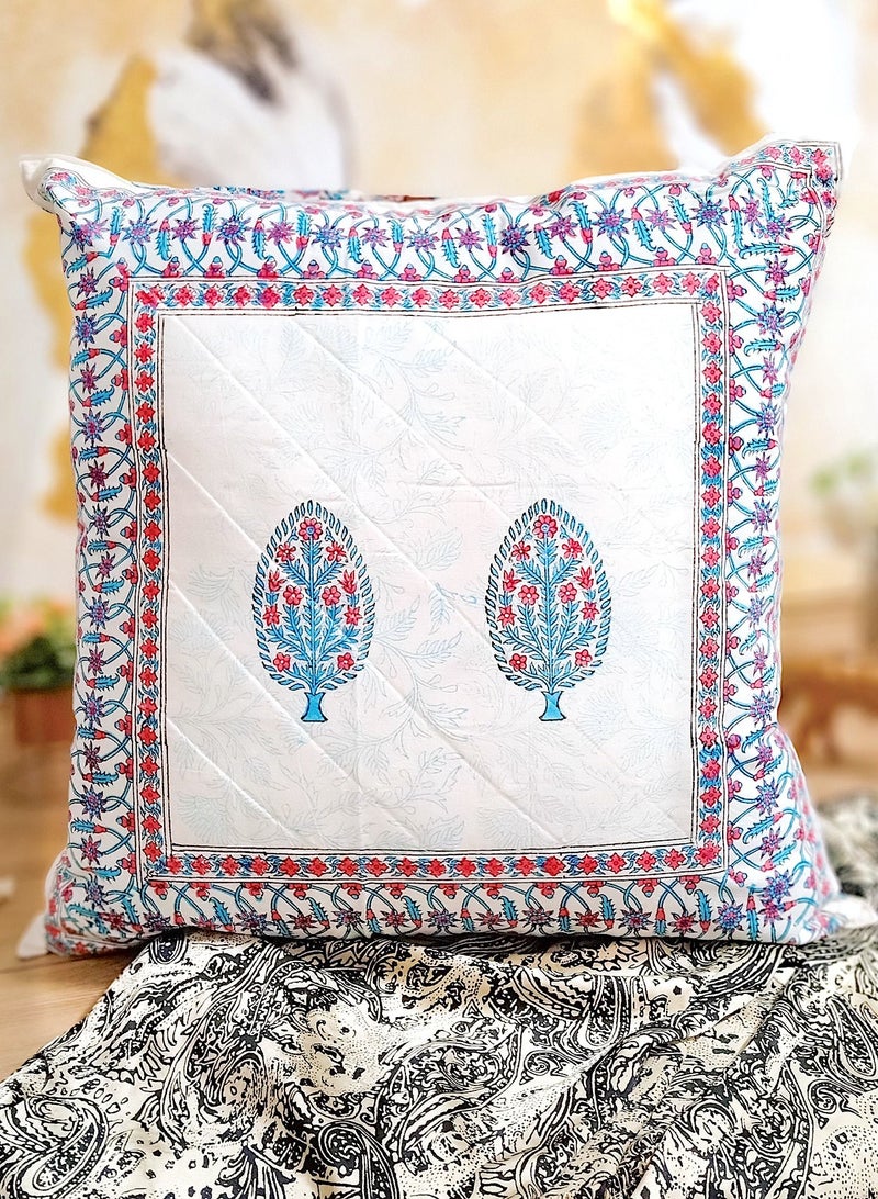 OJARIYA Cyan And Pink Quilted Cotton Handblock Printed  Cushion Cover 65 Cm X 65 Cm - Image 1