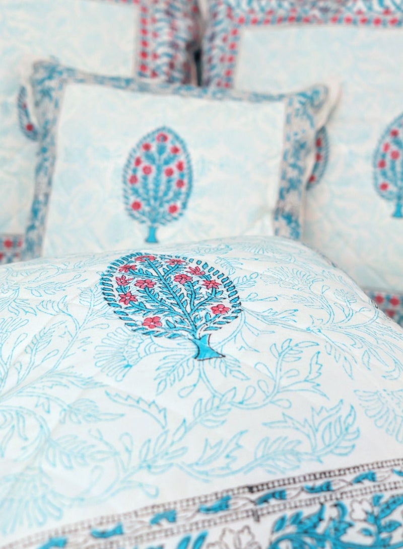 OJARIYA Cyan And Pink Quilted Cotton Handblock Printed  Cushion Cover 65 Cm X 65 Cm - Image 4