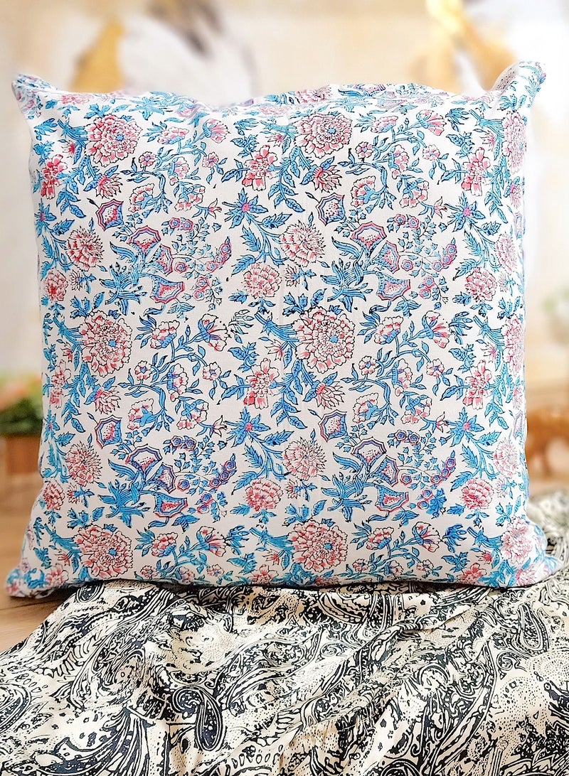 OJARIYA Cyan And Pink Quilted Cotton Handblock Printed  Cushion Cover 65 Cm X 65 Cm - Image 2