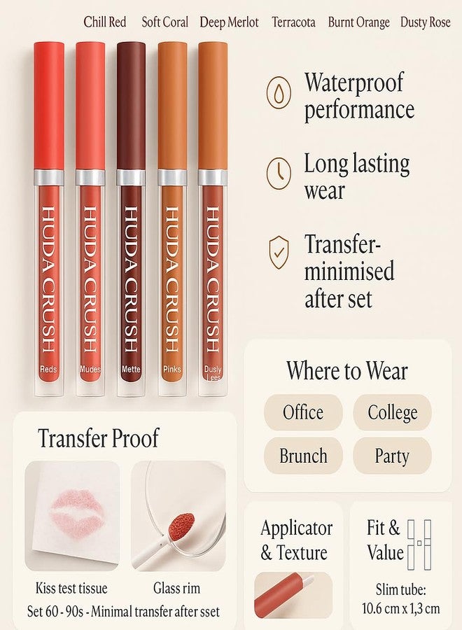 HUDACRUSH Nude Lipstick Combo Set - Pack of 6 Lipstick for Dusky Skin Tone & Fair Tone, Imported, Long Lasting, Liquid Lipstick Waterproof Includes Brown, Red, Dark Brown, NudeShade Lip Sticks - Image 3
