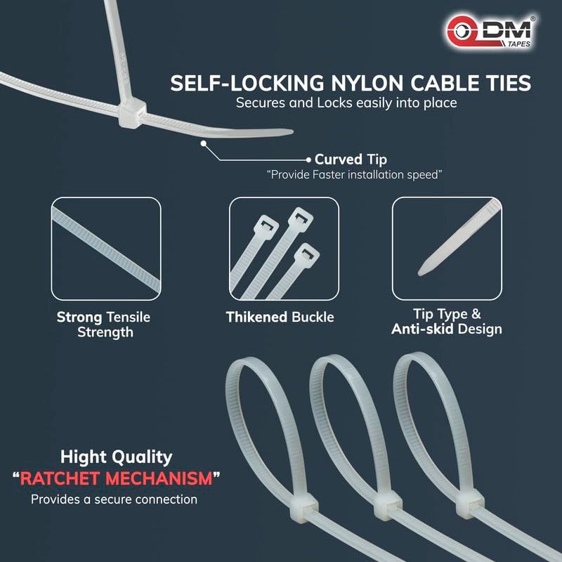 DM TAPES Nylon Self Locking Cable Ties, White (300mm 4.8 mm, 12 inch, Pack of 100) - Heavy Duty Strong Zip Wire Fastener Organizer Tie - Image 3