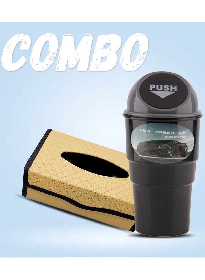 كومبو Buy صندوق حامل مناديل السيارة سعة كبيرة للوحة القيادة ومسند الذراع للمكتب والمنزل والمكتب والمنزل ، بيج وأسود قطعة واحدة وسلة قمامة السيارة العالمية أسود - Image 1