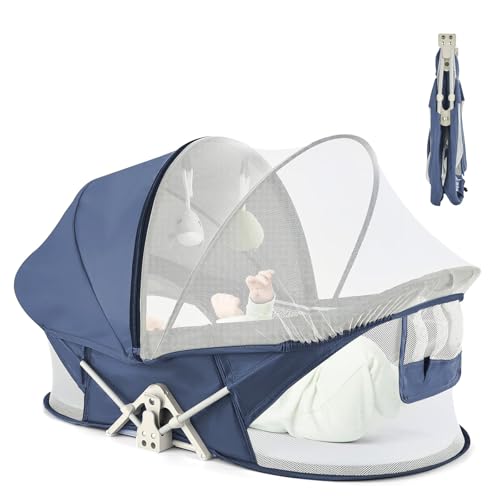 ISELECTOR Portable Baby Bassinet Travel Baby Bed Baby Cribs Travel Pod for Outdoors Baby Lounger Infant Travel Bed with Mosquito Net and Sunshade Canopy Lightweight Washable