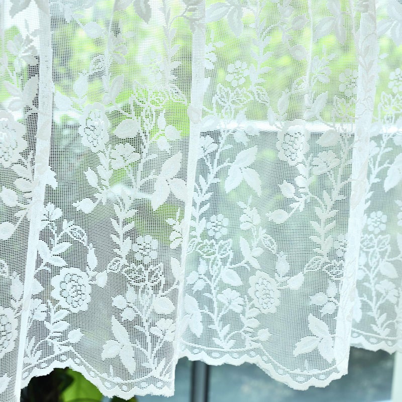 FINECITY Lace Valances for Windows Over Sink Rustic Leaf Floral Scalloped Bottom Sheer Kitchen Valance Curtain 18 Inch Length Rod Pocket Privacy Short Lace Valance 52 x 18 Inch 1 Panel Ivory - Image 2
