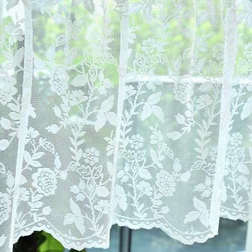 FINECITY Lace Valances for Windows Over Sink Rustic Leaf Floral Scalloped Bottom Sheer Kitchen Valance Curtain 18 Inch Length Rod Pocket Privacy Short Lace Valance 52 x 18 Inch 1 Panel Ivory - Image 1